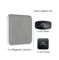 White magnetic tablet holder with adhesive base mounted on wall holding iPad