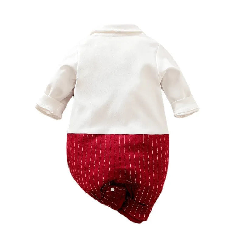 Baby boy in a wine red long-sleeve cotton gentleman jumpsuit with a single-breasted closure.