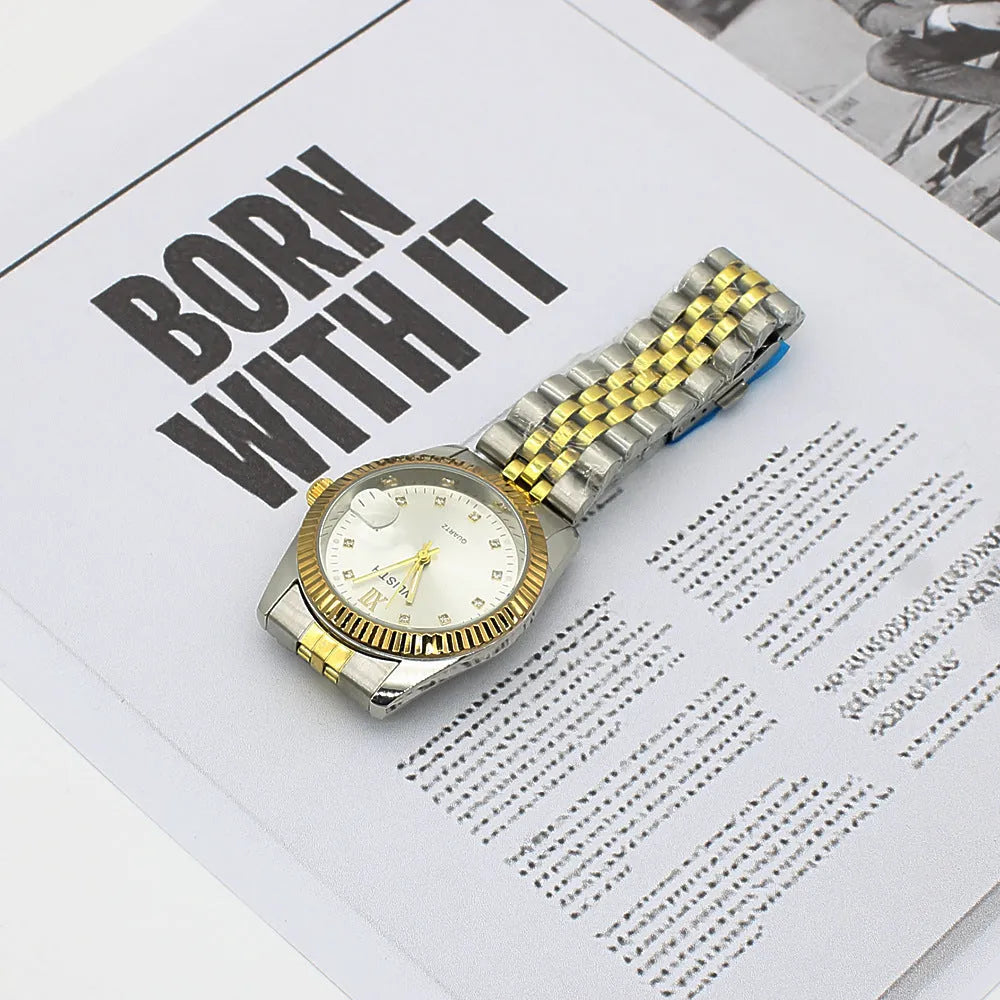 Men's steel bracelet watch with gold accents and matching sunglasses in gift box set