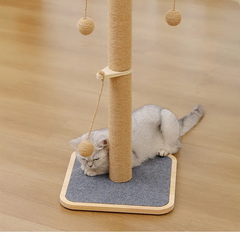 Windmill-shaped cat climbing frame with a hanging ball toy and carpet leather perches on a pine wood structure.