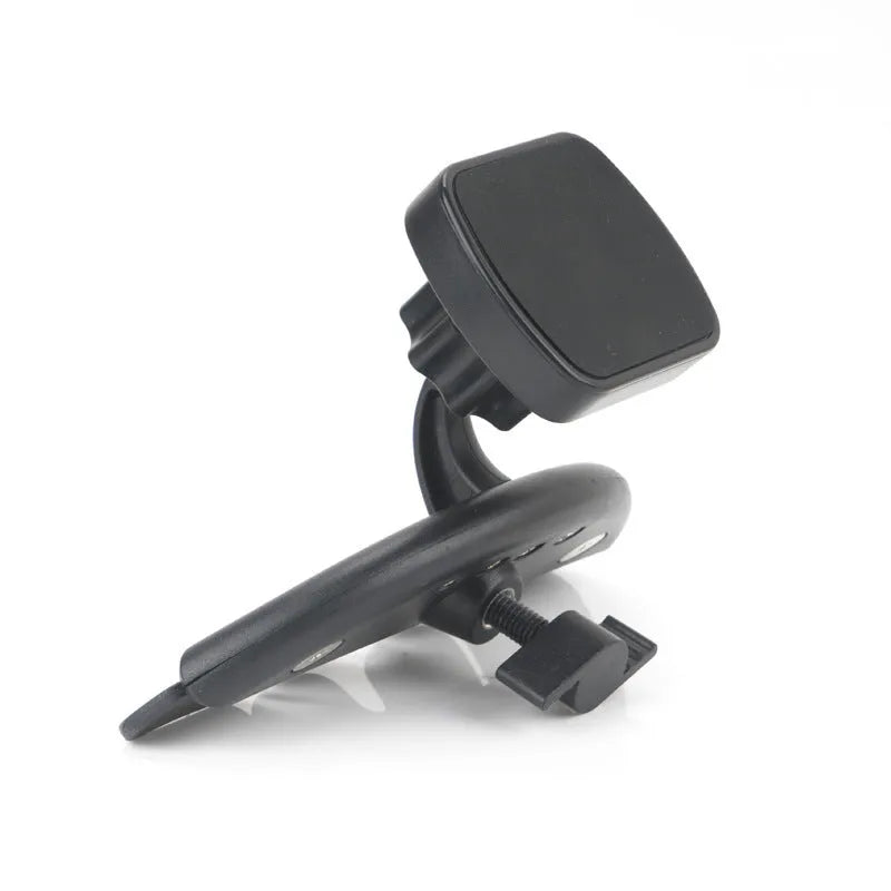 Black car phone holder inserted in CD port with adjustable clamp holding a smartphone horizontally for GPS navigation