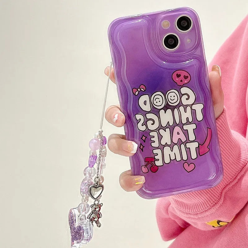 Purple English graffiti love pendant iPhone 14 mobile phone case with bracelet attachment and TPU soft shell construction