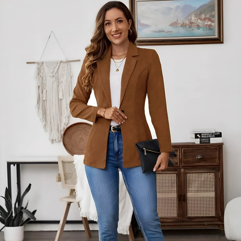 Brown men's single-breasted lapel leisure suit coat on a hanger.