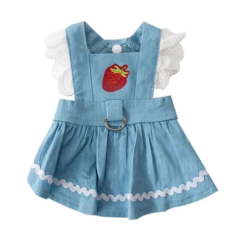 Bondi Blue strawberry print denim skirt dog clothes with traction appliqué for small dogs