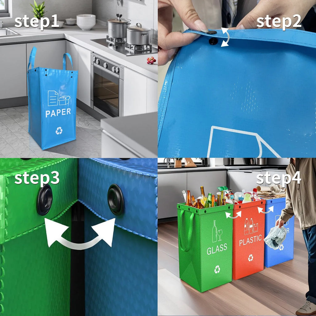 Blue reusable PP plastic 40L garbage bag handbag for waste classification, dimensions 30x50x30cm.