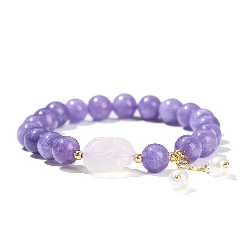 Purple aquamarine agate rabbit bracelet with geometric charm, handcrafted jewellery for women.