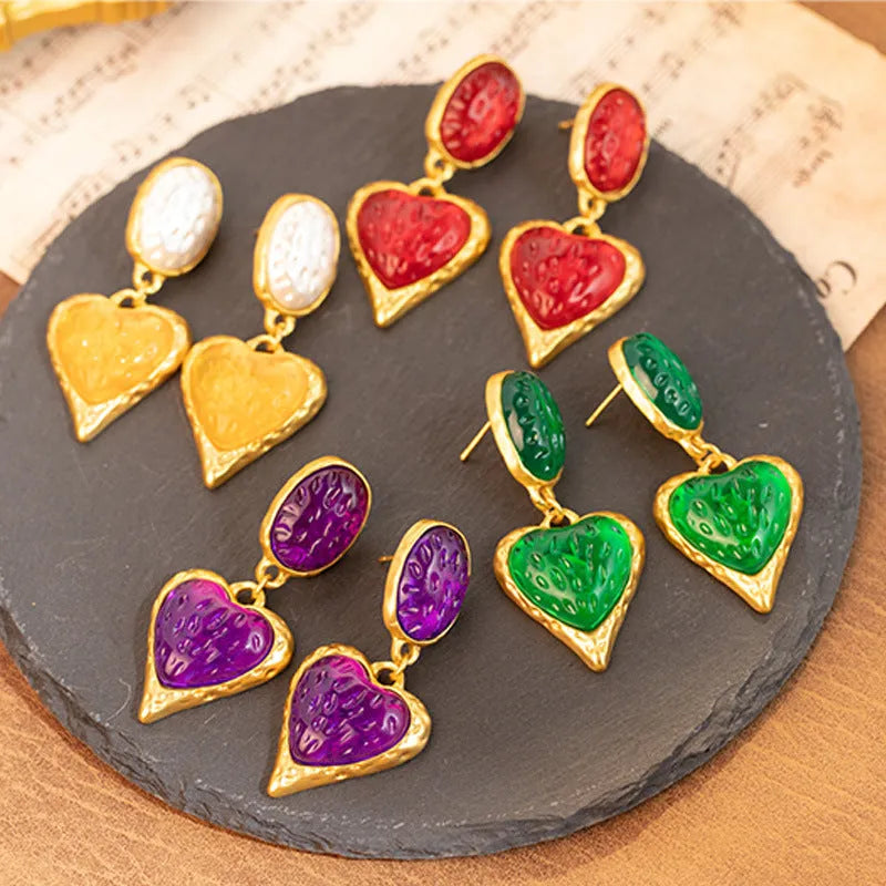 Silver needle pleated oval love heart stud earrings in purple, red, green, yellow and white colour options