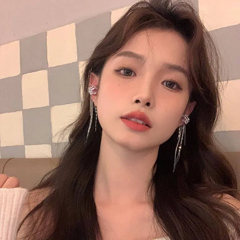 Moon zircon long tassel chain earrings without ear holes, U-shaped alloy ear clips, sweet and cool style for women