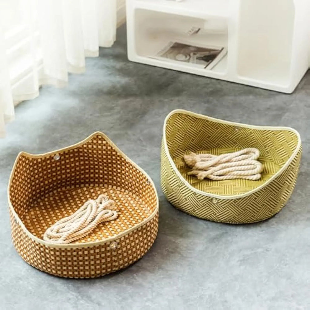 Green rattan cat hammock with cotton rope weaving and metal corner hooks