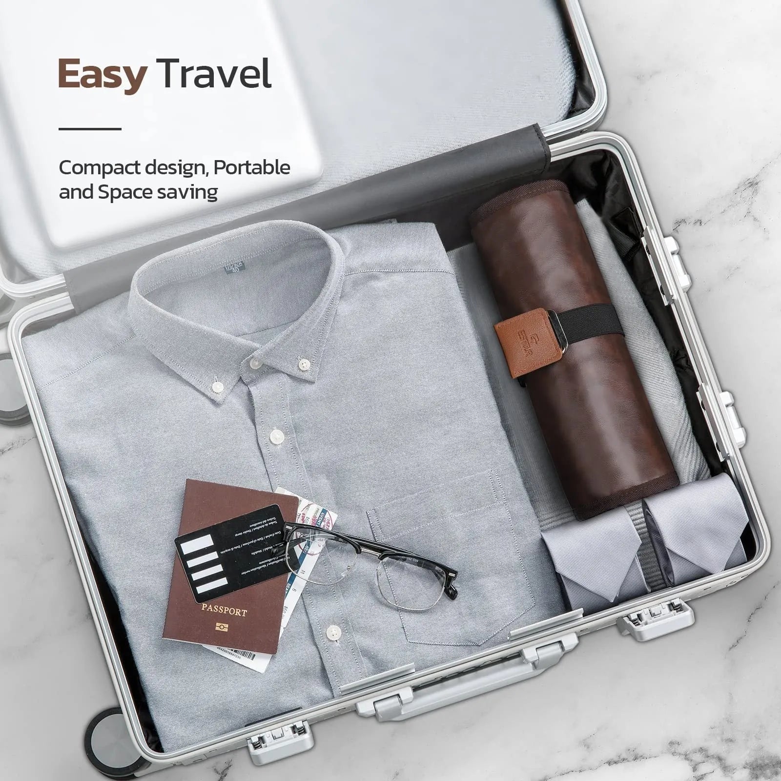 Men's black reel wash bag with zip closure for travel toiletries storage