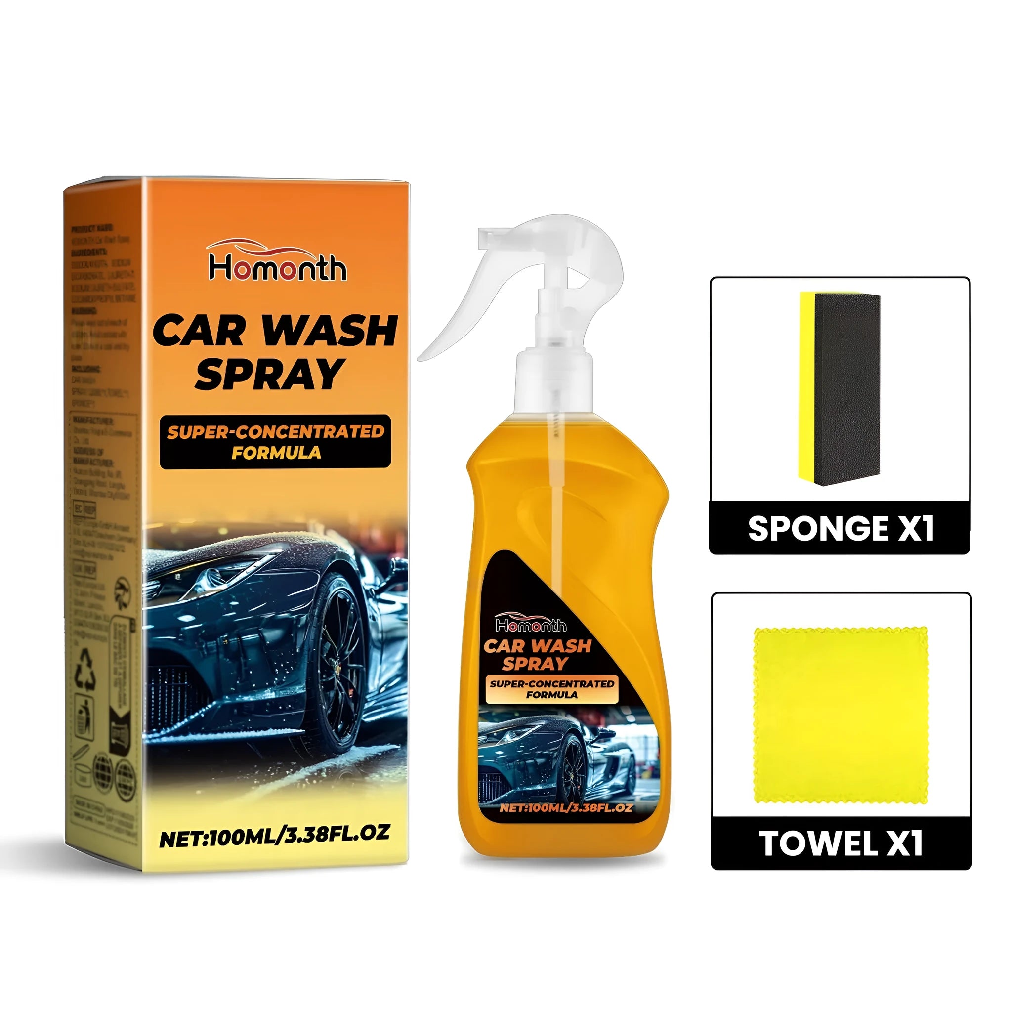 Car wash concentrate liquid bottle with microfibre cloth and sponge cleaning kit