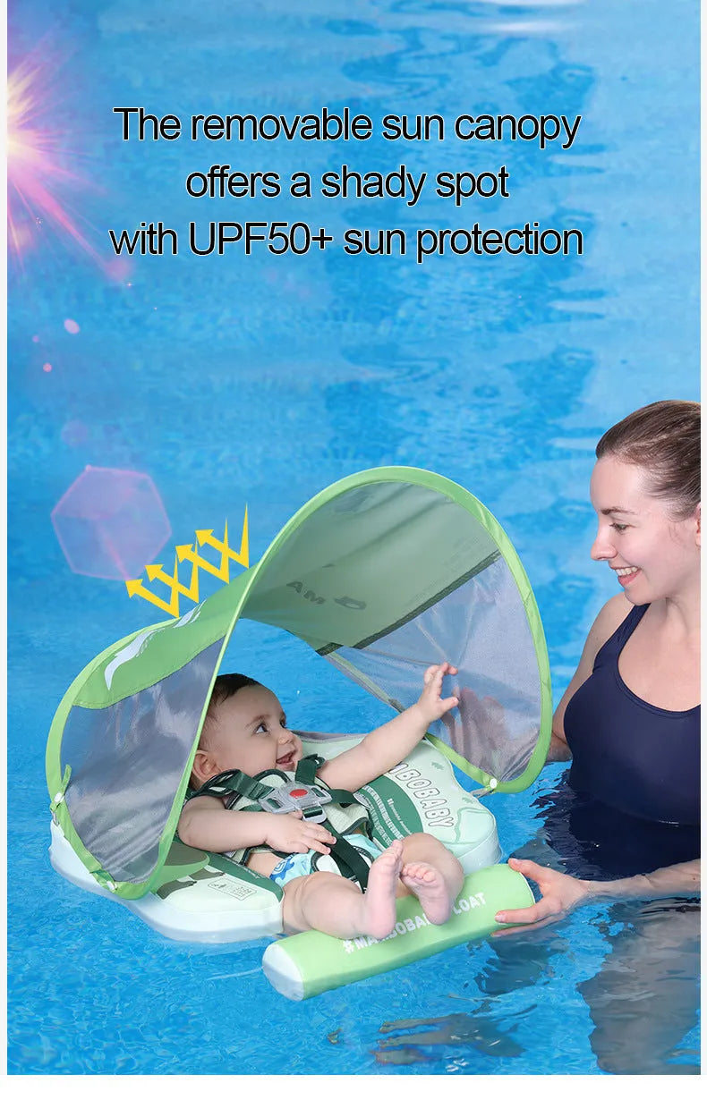 Avocado green dinosaur baby swimming ring with sun shade for infants 3-24 months