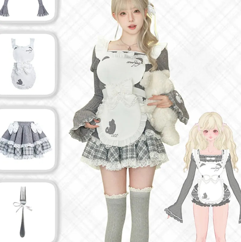 Grey knitted top, kitten embroidered apron, and grey knitted cake dress set for women, three pieces, sizes S and M