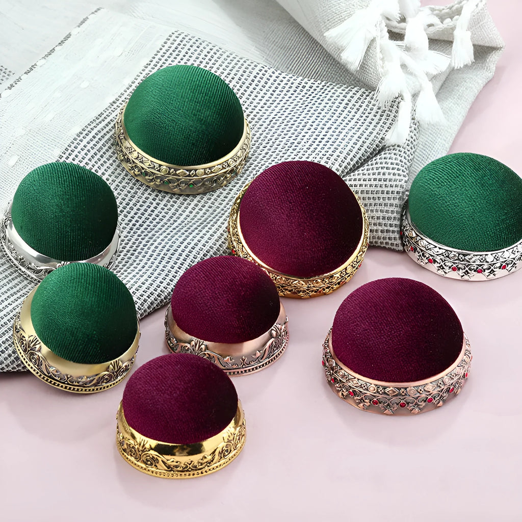 Retro needle ball head pin cushion with alloy pin insert, velvet fabric in red or green, cross stitch sewing accessory.