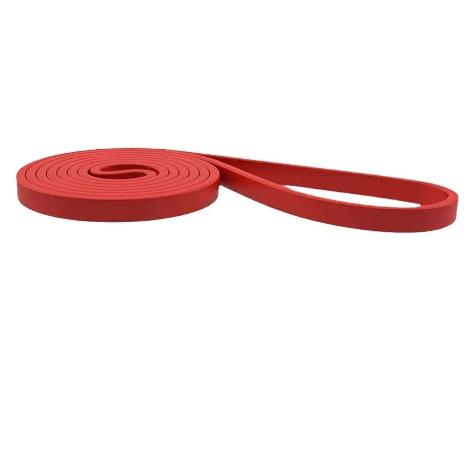 Five TPE resistance bands in yellow, red, black, purple and green for general fitness use