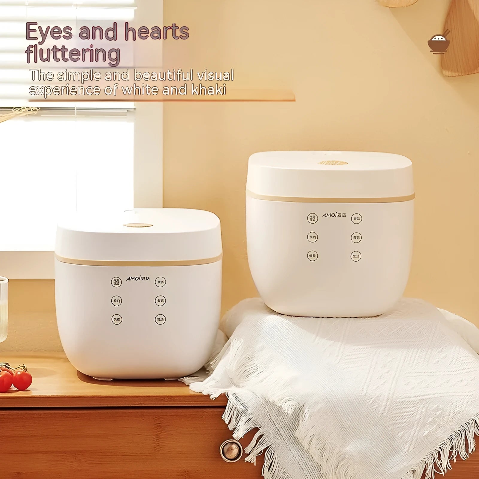 White 3L rice cooker with black inner pot and included accessories