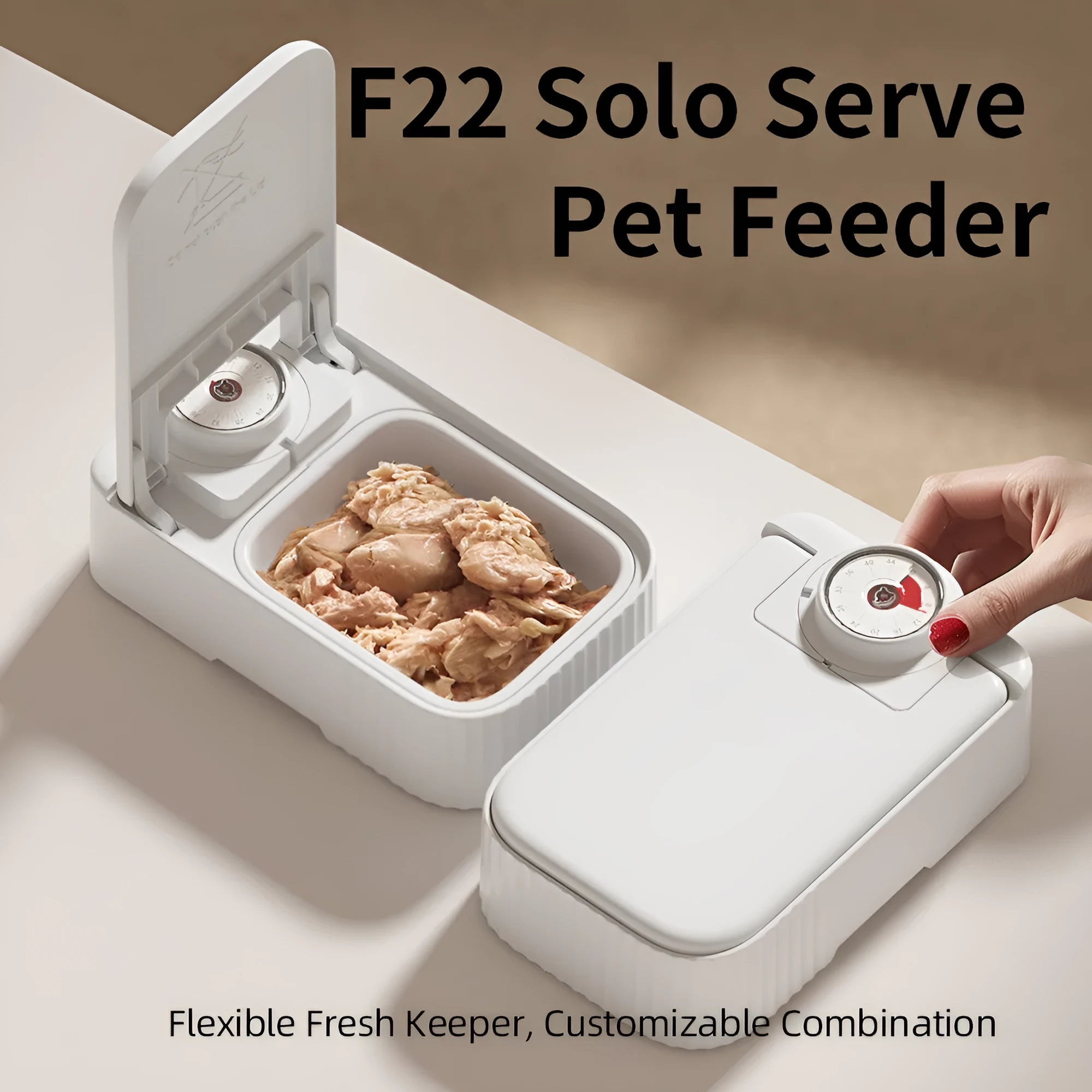 White pet single meal feeder with visual timer and ice crystal cooling box