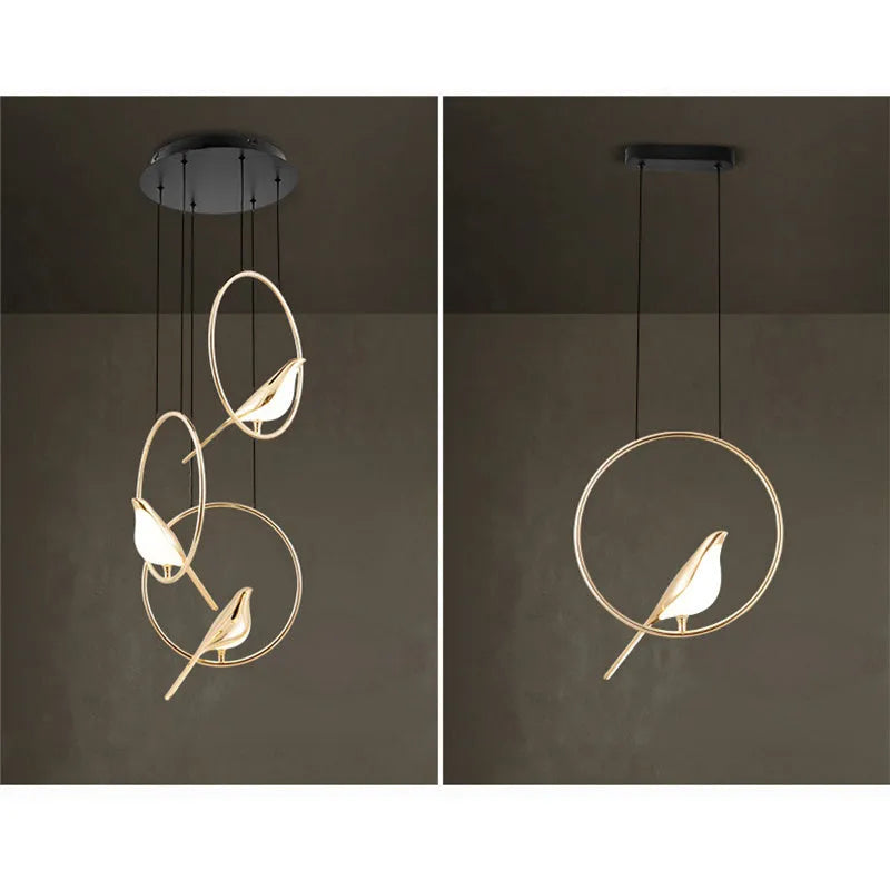 Modern minimalist chandelier with a single magpie bird design, 150cm long, made of zinc alloy and acrylic.