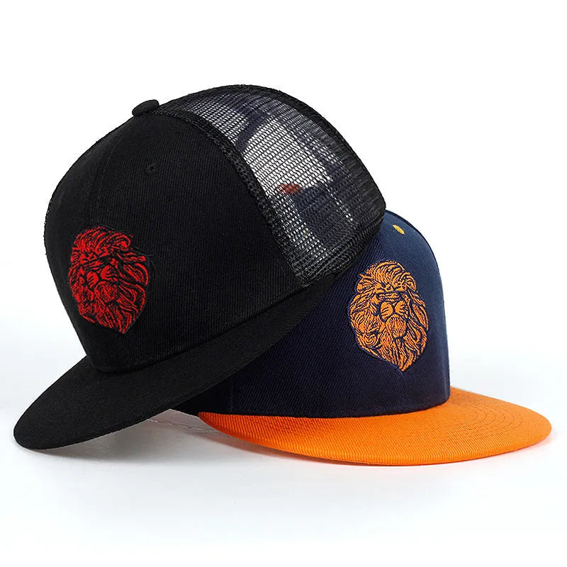 Cotton baseball cap with lion face embroidery in black, front view, adjustable back strap