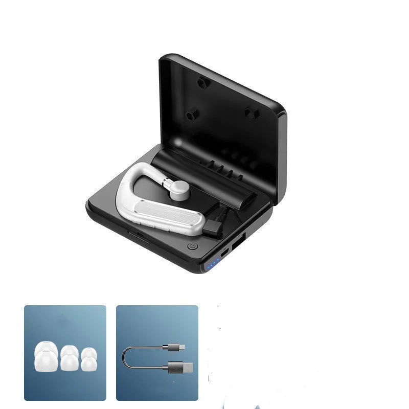 Black hanging-ear Bluetooth sports earphones shown with a charging cable and three pairs of silicone ear caps.