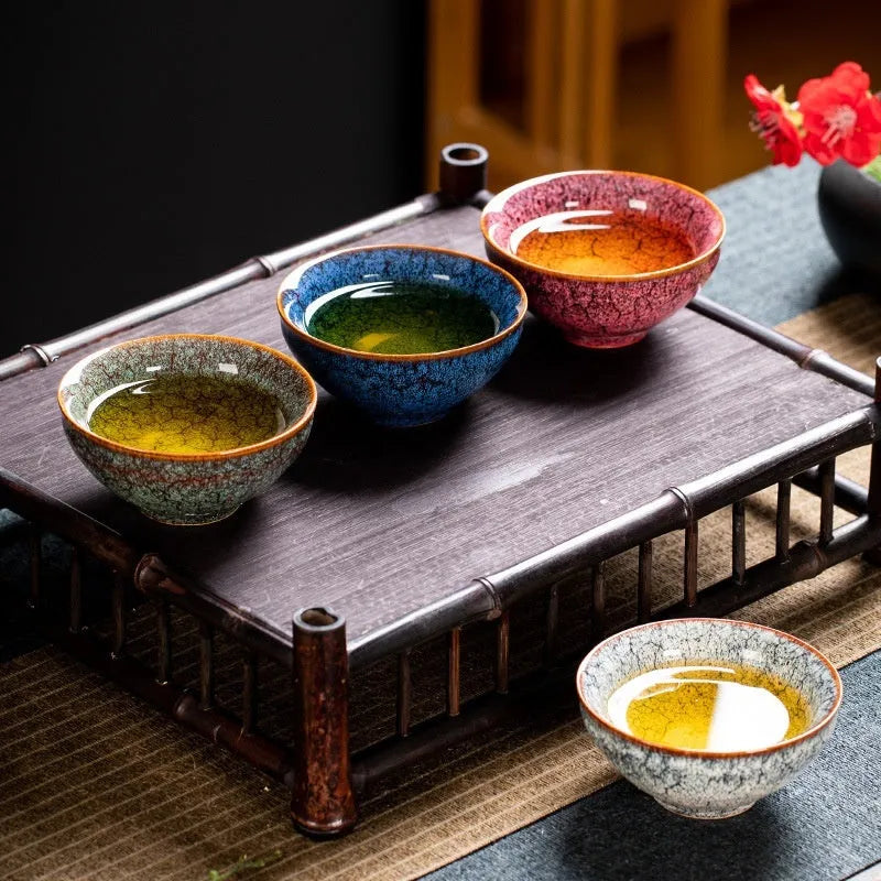 Ceramic Kung Fu tea cup set with four matching cups in light colour gift box