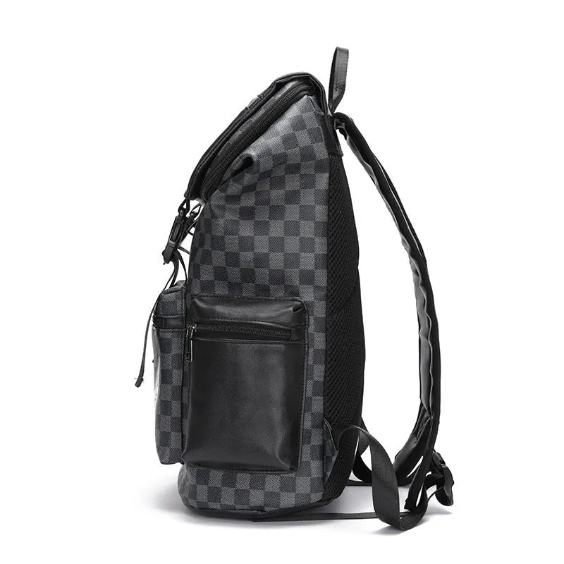 Korean style black checkered printed large backpack made of PU leather with curved shoulder straps