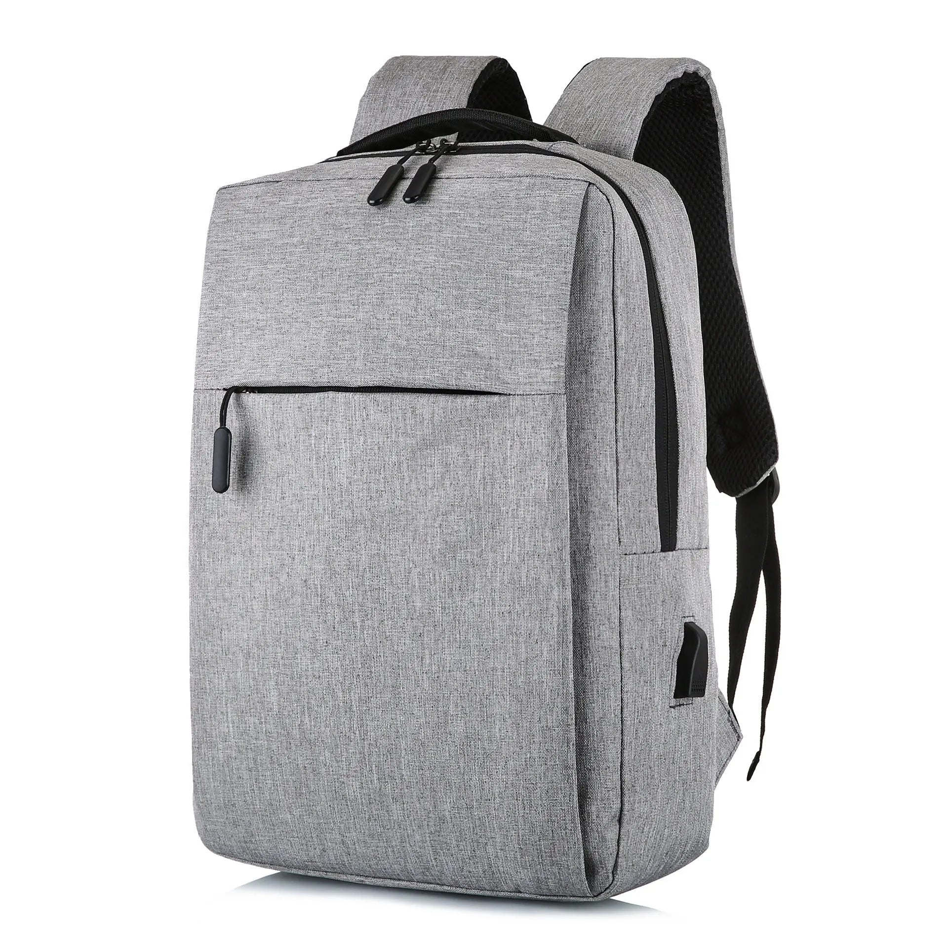 Large black sports backpack with USB charging port showing multiple compartments and curved shoulder straps