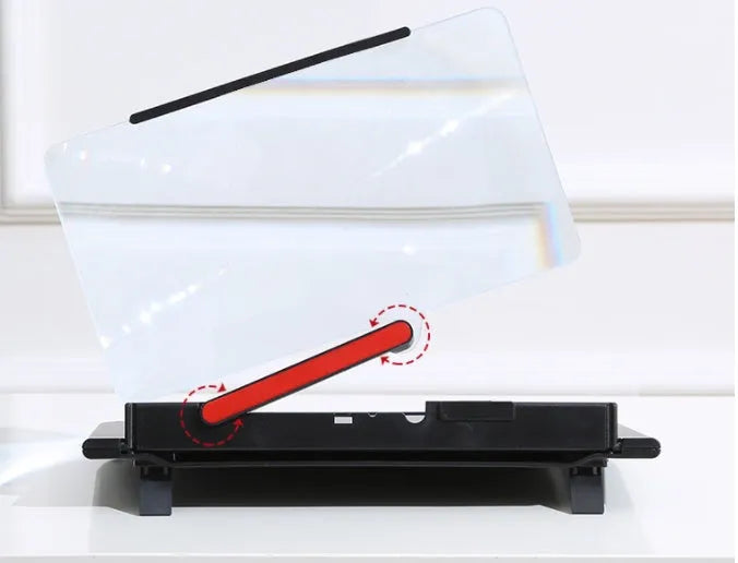 Black and white 12-inch pull-out screen amplifier showing horizontal and vertical positioning with mobile phone