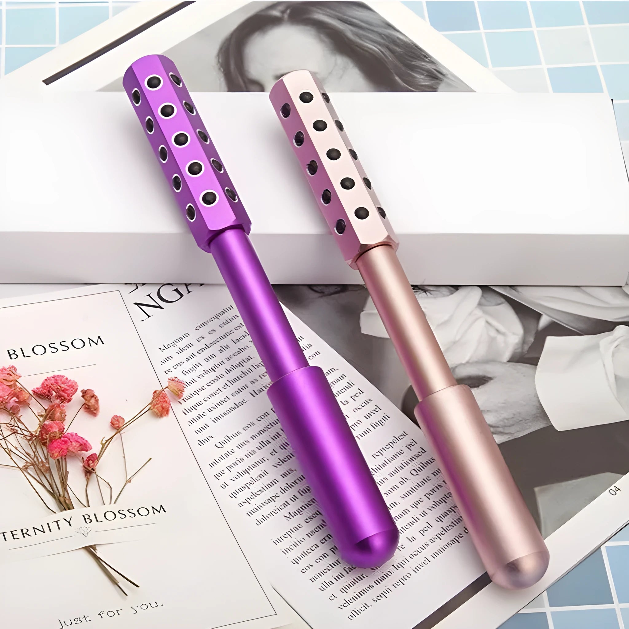 Germanium particle facial massage roller in purple colour, 193mm long handheld beauty instrument