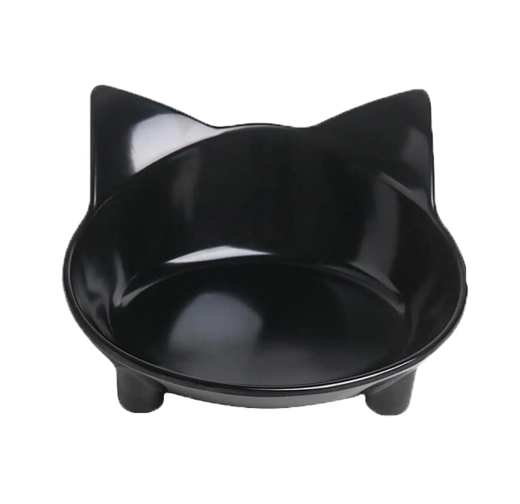 Black and white shallow melamine cat bowls with non-slip rubber bases
