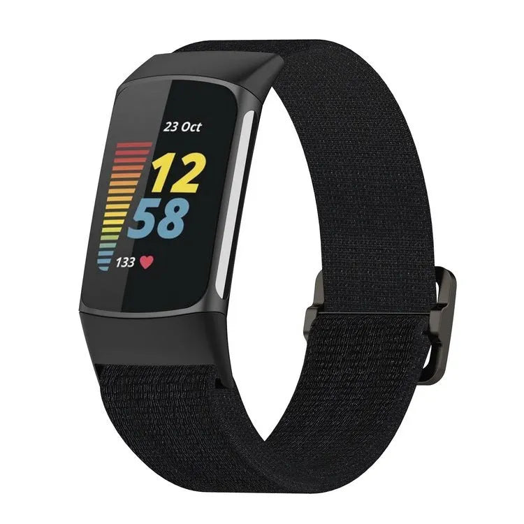 Elastic nylon woven canvas watch band for Fitbit Charge 5 or 6 in Seashell colour on a white background