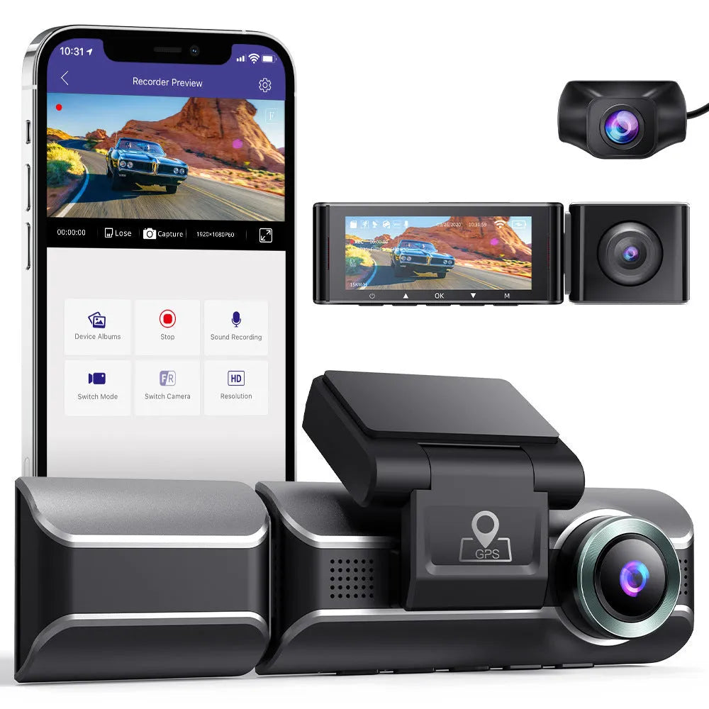 M550PRO driving recorder dash cam with 3 inch screen, front and rear lenses, and car charger on dashboard.