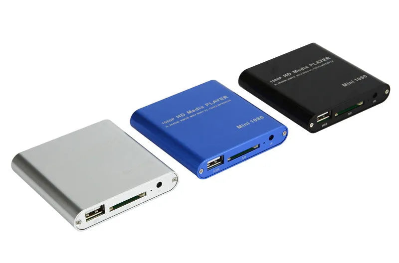 Compact blue or black all-metal 1080P media player with USB, SD card and HDMI ports