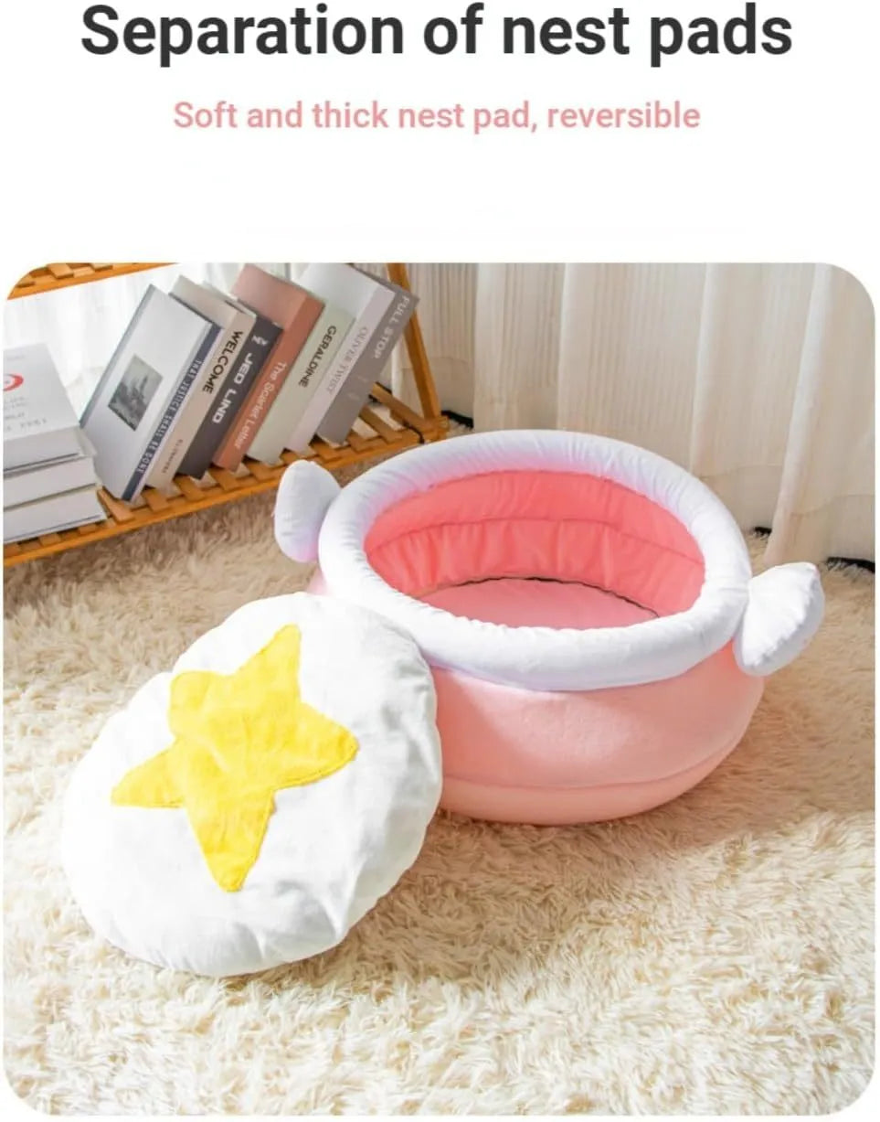 Pink honey pot-shaped soft cat bed with a removable plush pad, for small cats and dogs.