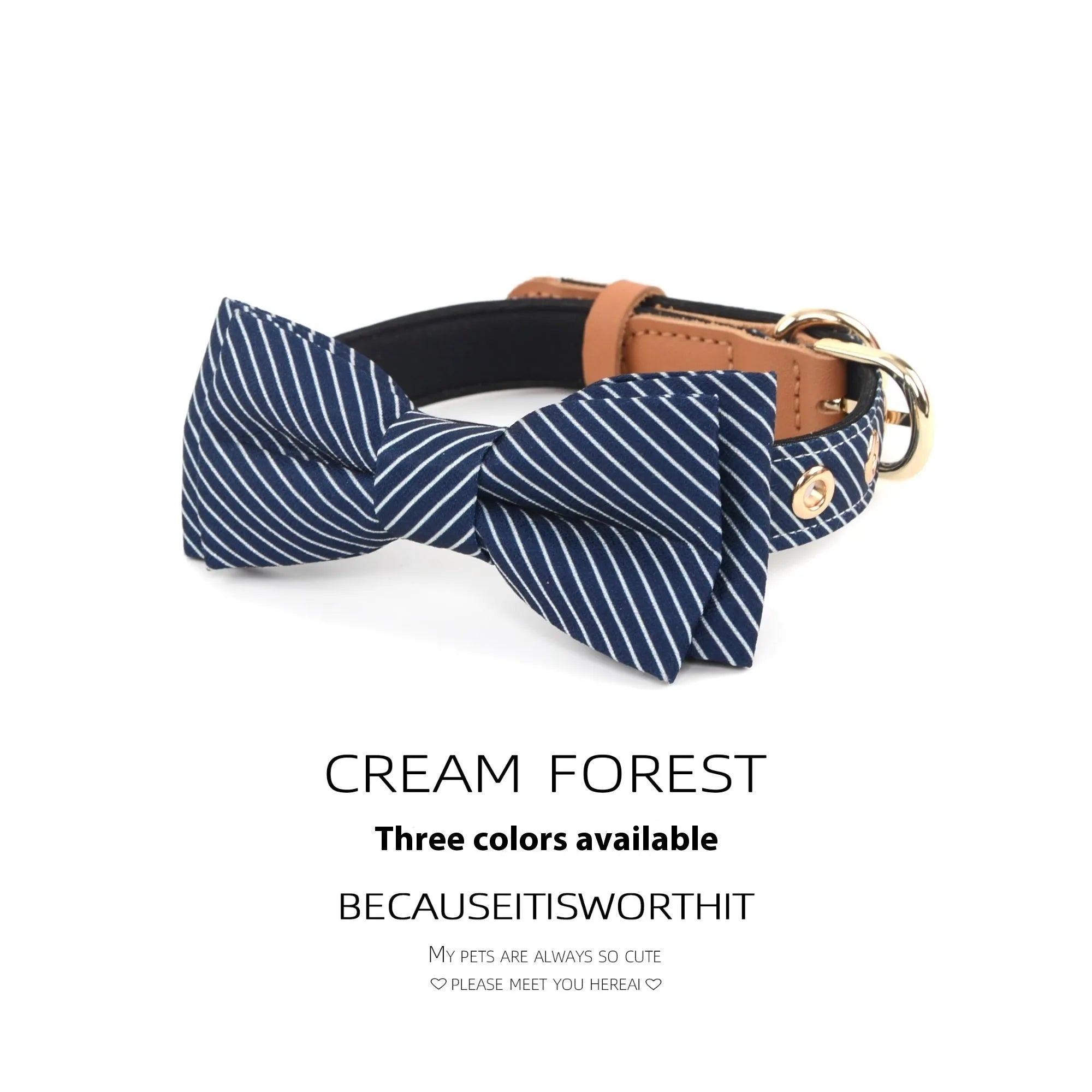 Soft cotton dog collar with detachable bow shown in dark blue, wine red, and white colour options.