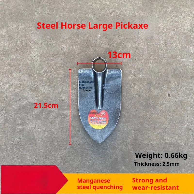Agricultural flat hoe plough tool with a steel horse pointed manganese steel tip.