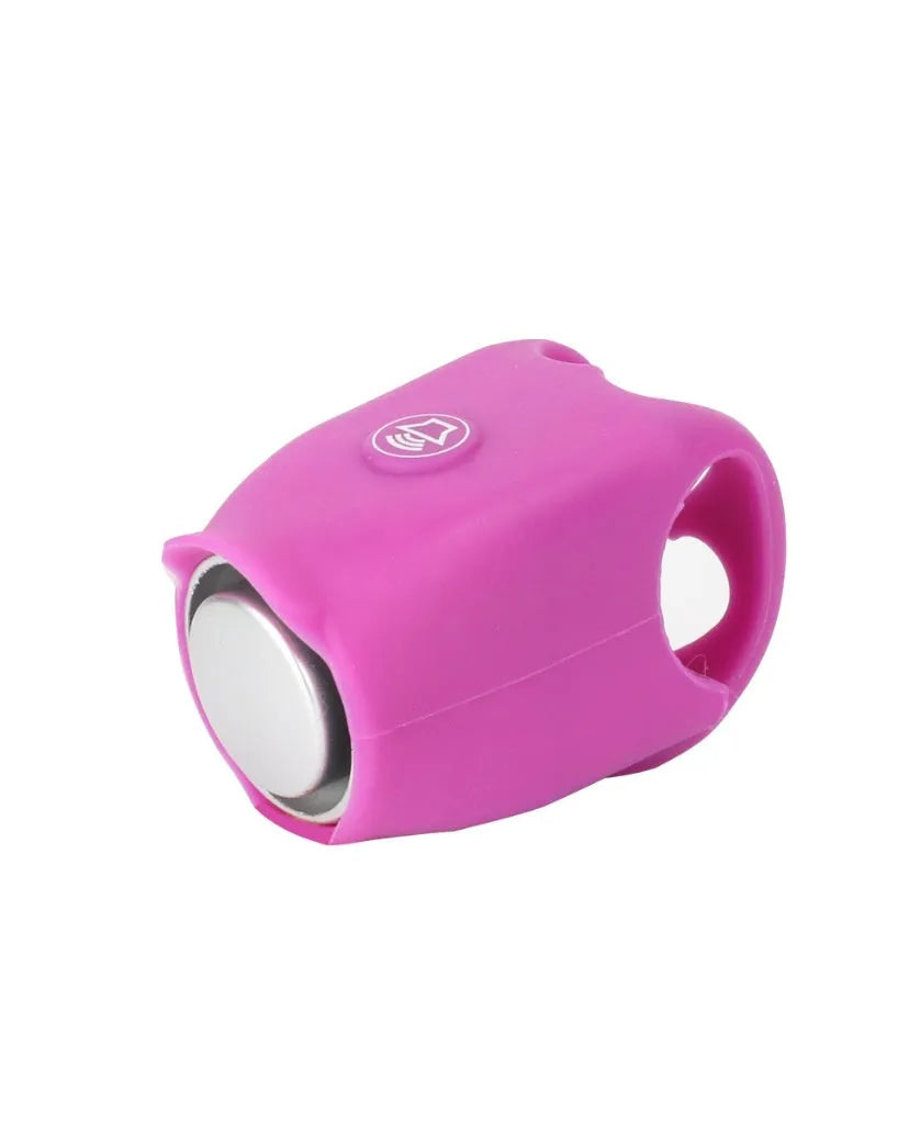 Plastic electronic bicycle horn in six colour choices showing compact size for handlebar mounting.