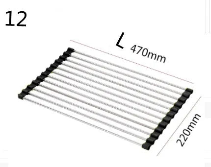 Folding stainless steel kitchen sink drying rack in red colour, shown extended for use.