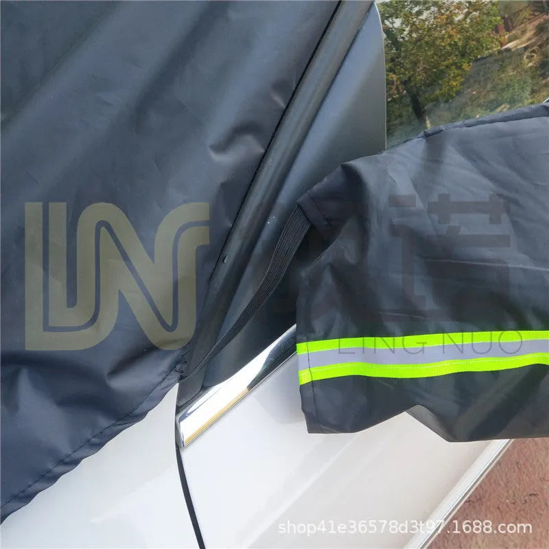 Magnetic car snow shield in black, 215x150x125cm size, on windshield for snow and frost protection