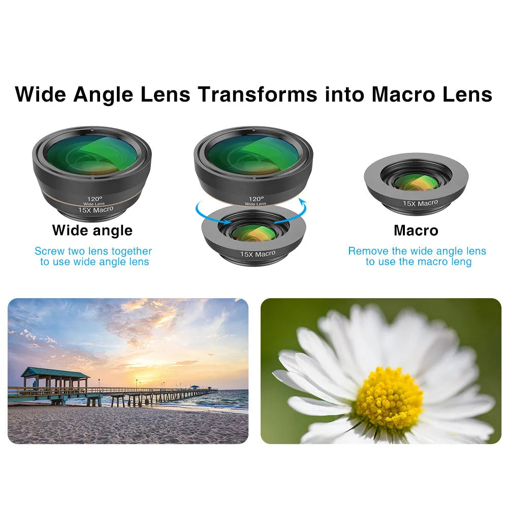 Black 6-in-1 smartphone camera lens kit with fisheye, macro, wide-angle, telephoto, CPL and star filters, case, and universal clip.