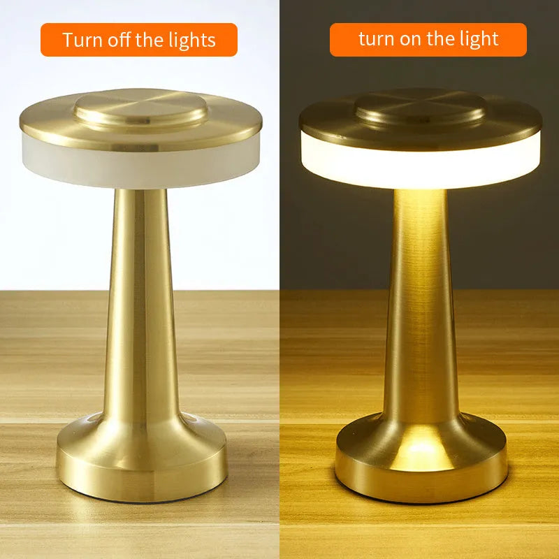 Wireless rechargeable touch sensor mushroom table lamp in gold with acrylic shade