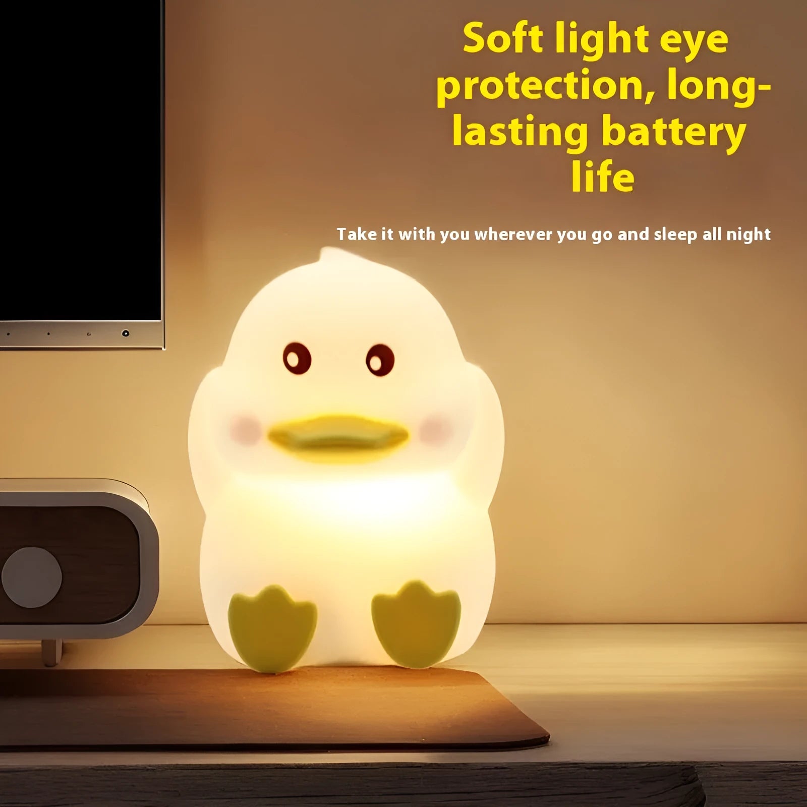 Cute duck silicone night light with USB rechargeable battery, warm and colourful light modes