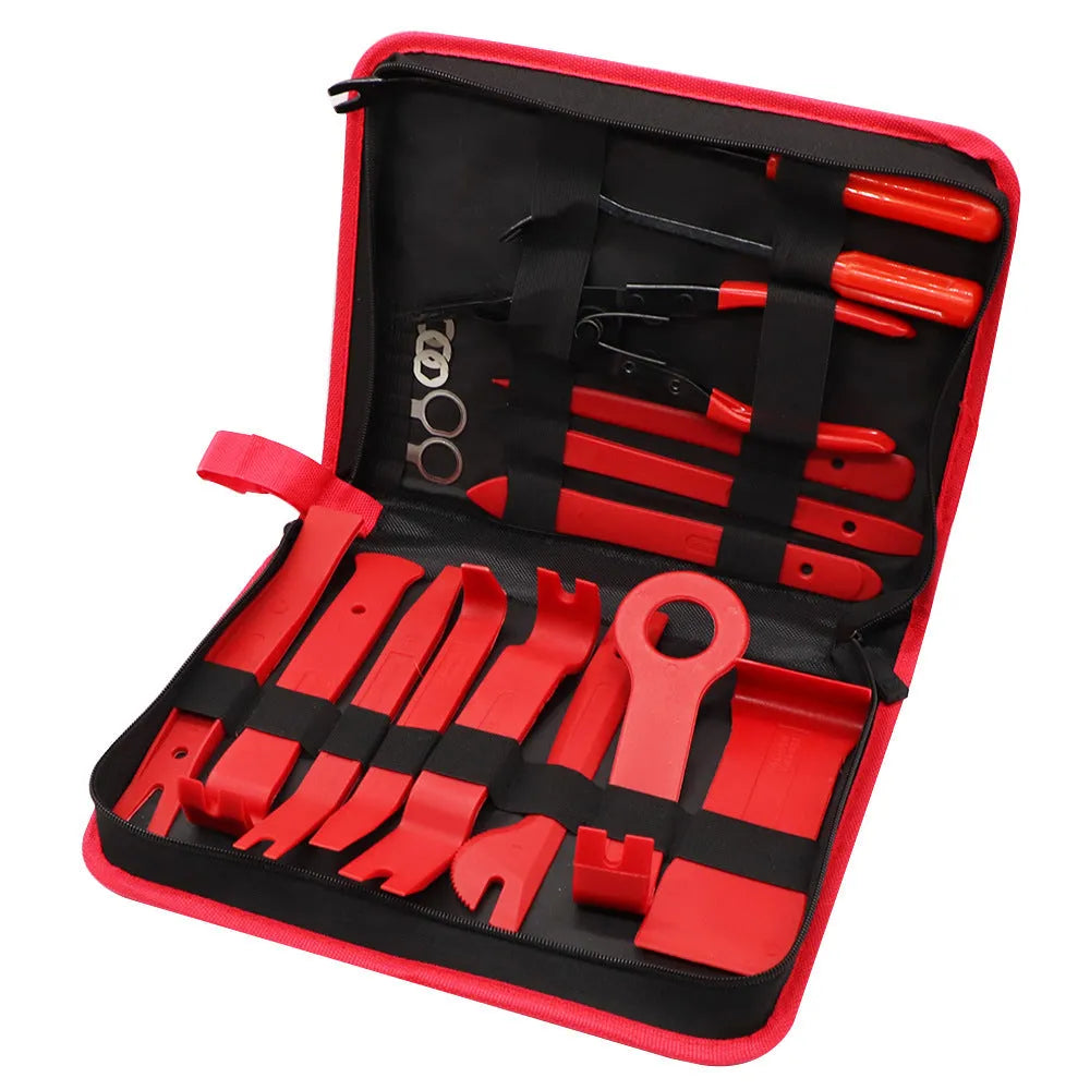 Plastic 19 piece car radio panel trim dashboard removal set with POM nylon skid boards in blue and red