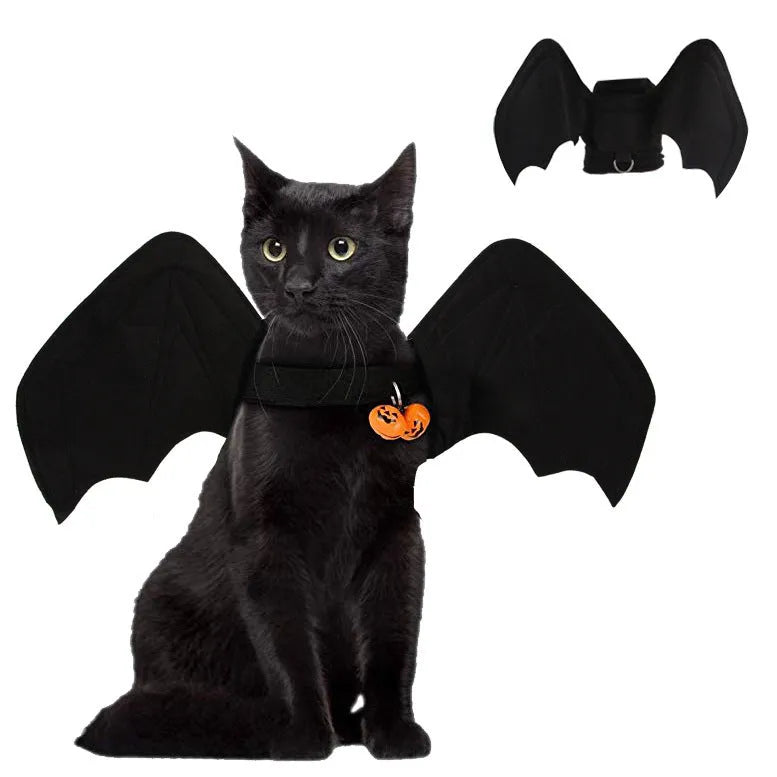 Black cloth bat wing Halloween pet costume with bell for dogs or cats, 3D wings folded