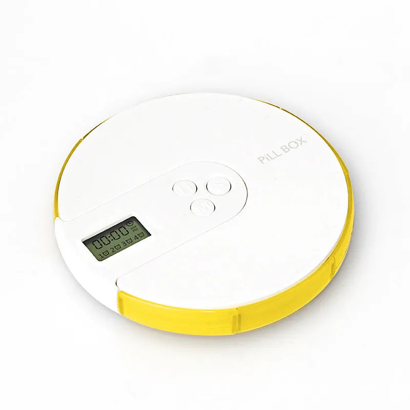 Blue 7-compartment electronic pill organiser with digital display showing alarm time, size 11cm.