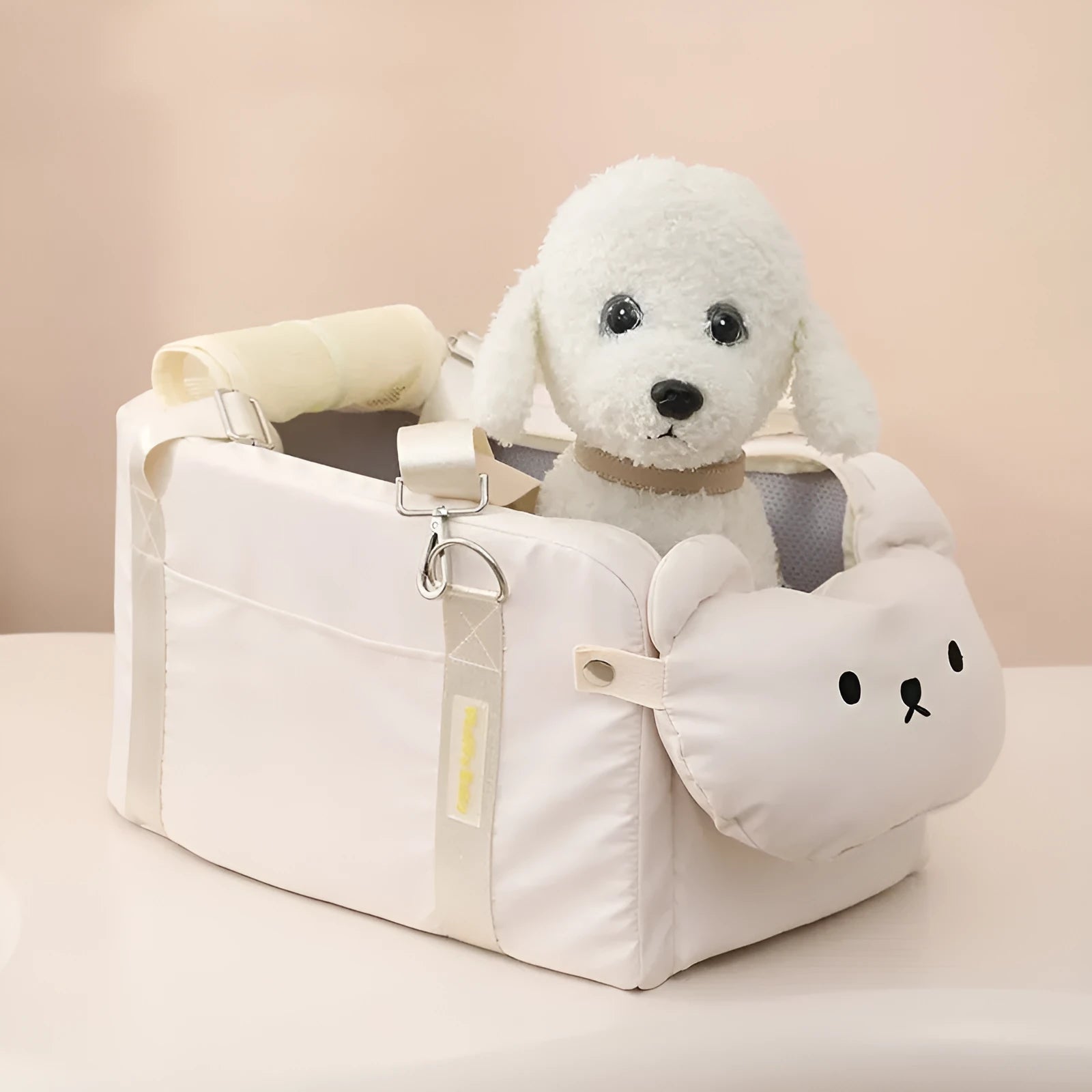 Soft beige polyester pet carrier bag with cartoon pattern for small cats and dogs