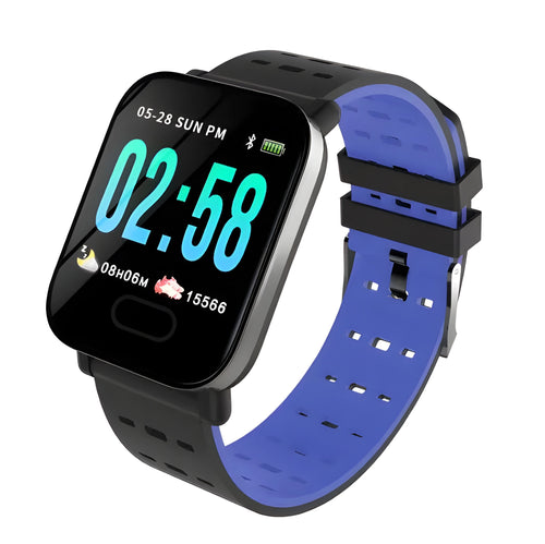 A6 colour screen smart bracelet in blue, black, or orange with silicone strap on wrist.