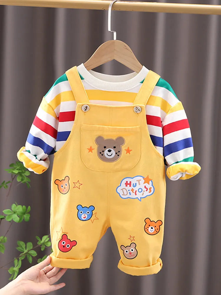 Yellow cotton plaid boys overalls suit with shirt and strap pants for child height 100cm