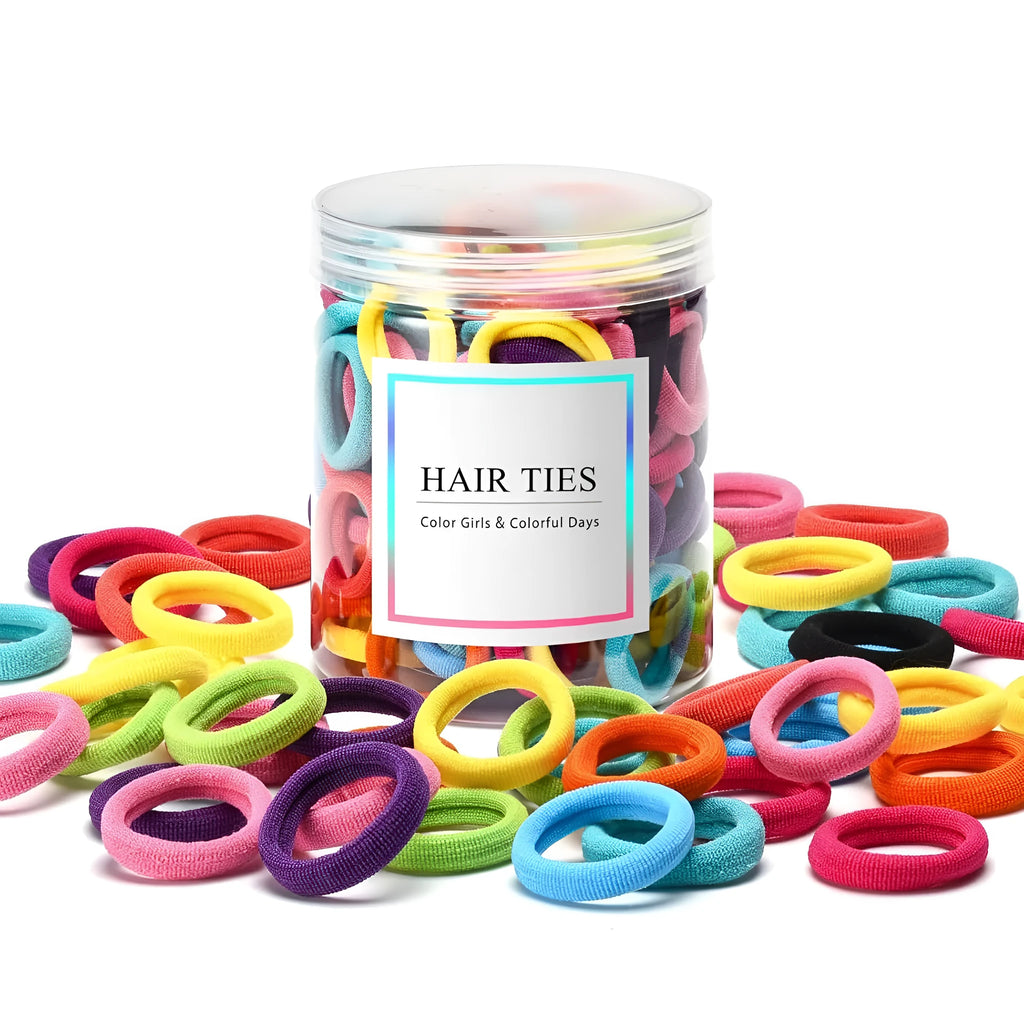 100 seamless cotton baby hair ties in 10 colours displayed in jar packaging