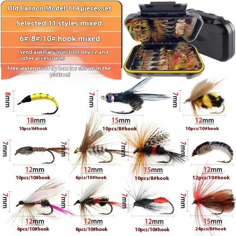 Fly hook micro lure suit with 114 pieces, bionic sequin design, old gun colour, in box display